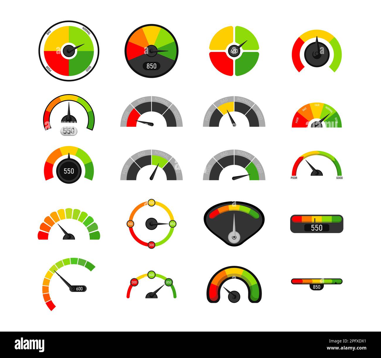 Business credit score speedometers cartoon illustration set Stock