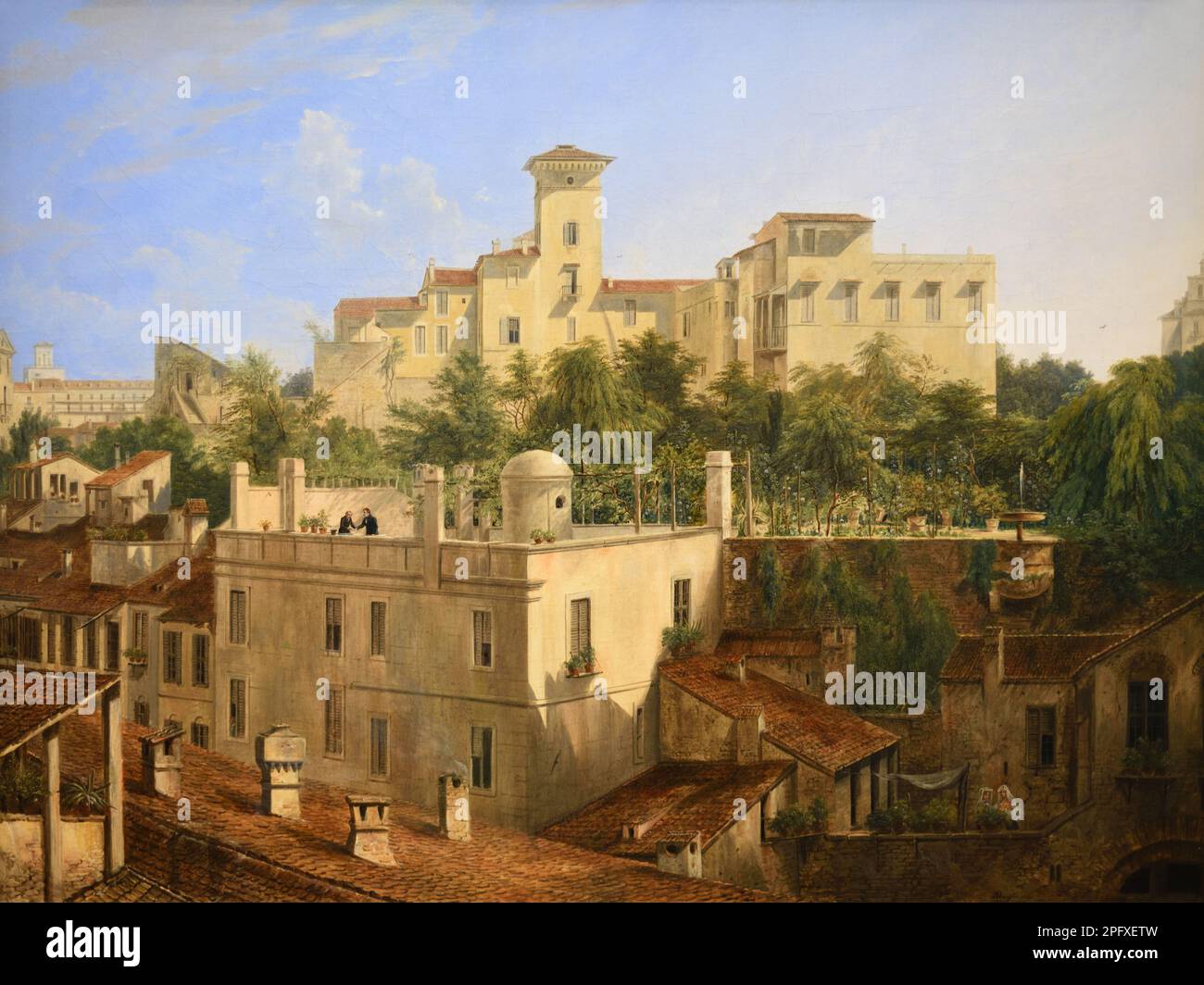 View of Malta Villa in Rome. Oil Painting by Domenico Quaglio 1830. Showing Villa Malta on Pincio Hill Rome Italy. Stock Photo