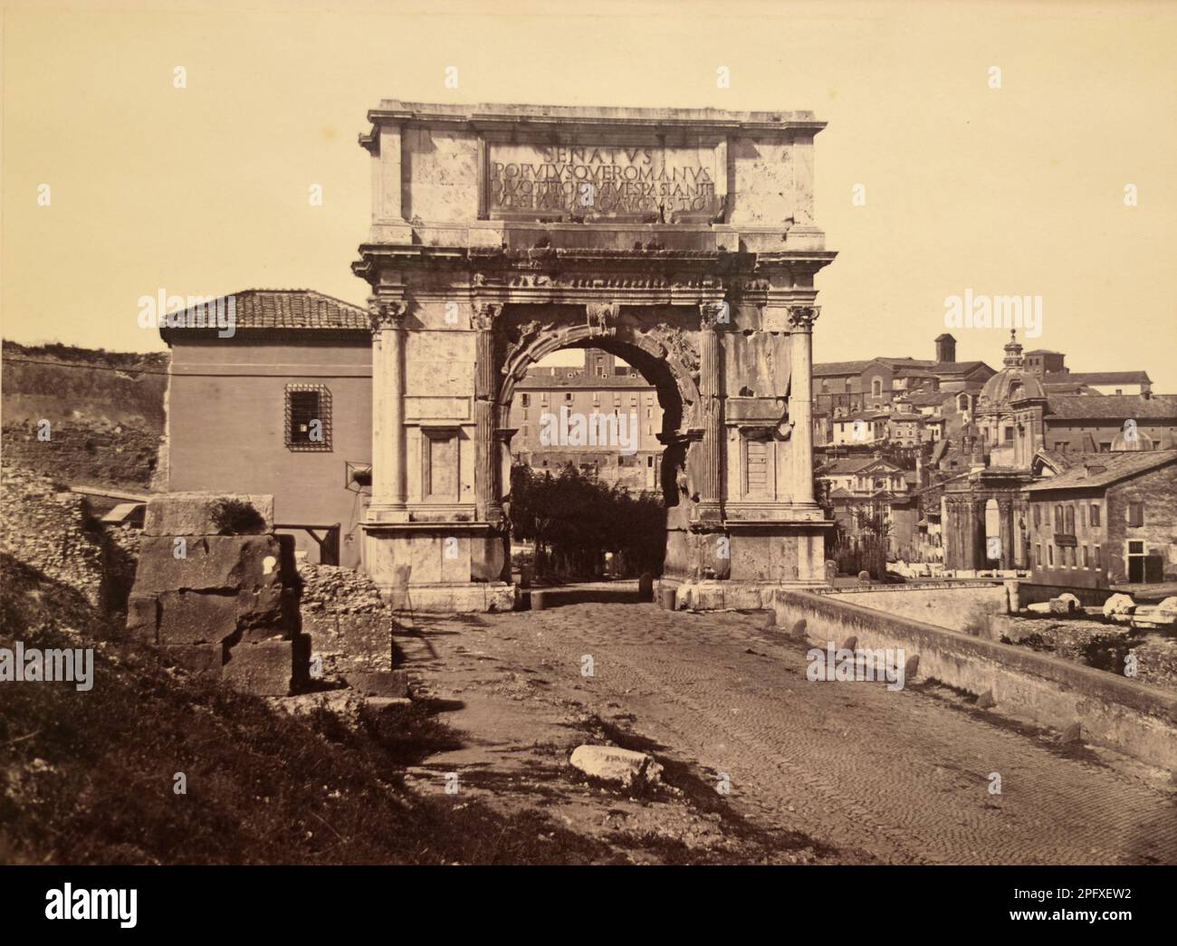 Arch of Titus c1854 by James Anderson. Vintage Black and White or Sepia Photograph of the Roman Arch ot Titus c81AD on the Via Sacra Rome Italy. Stock Photo