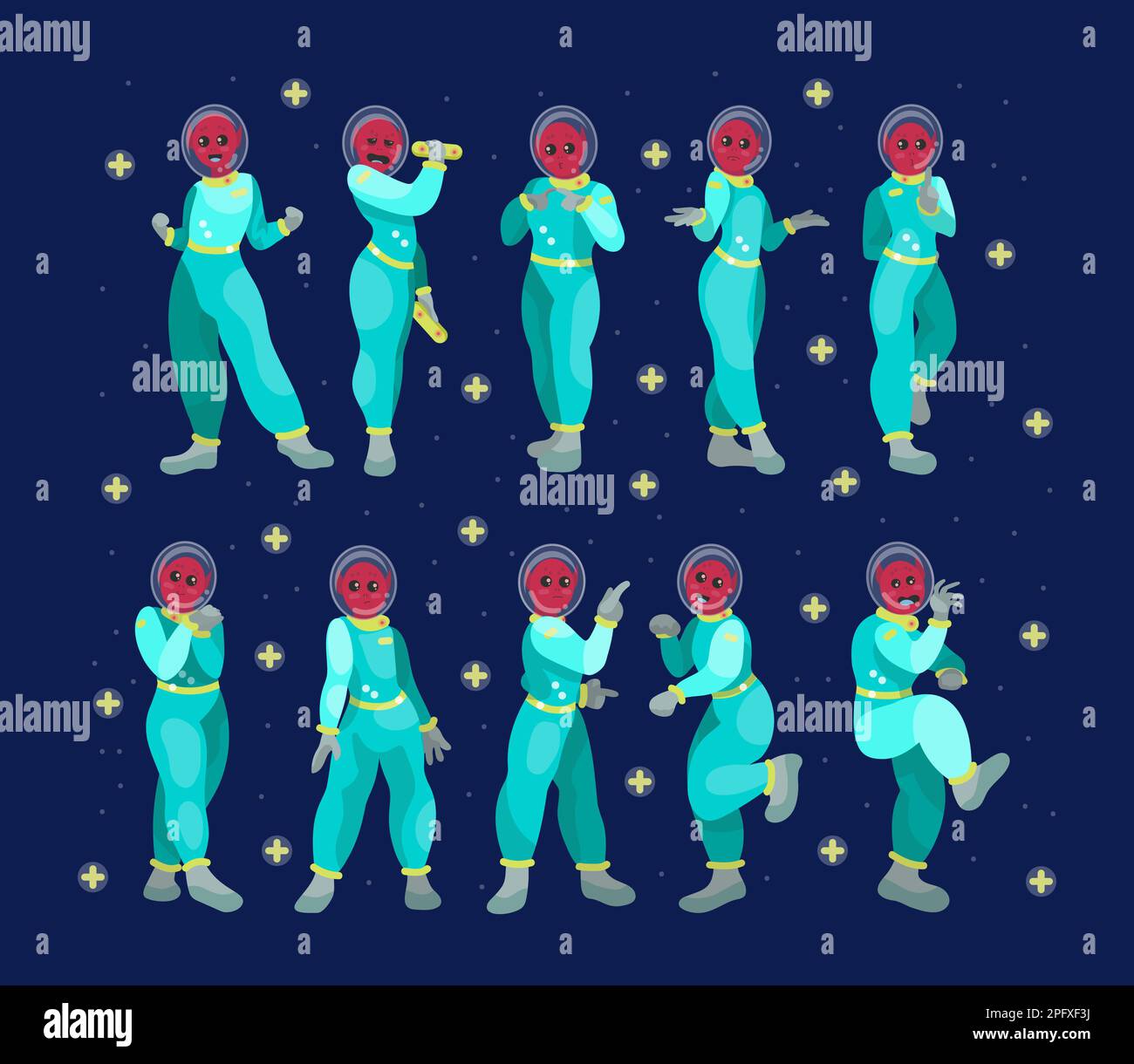Alien characters in space suits cartoon illustration set Stock Vector