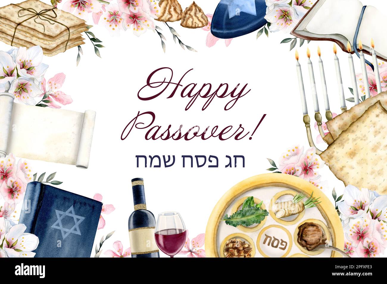 Happy Passover banner with Hebrew greetings, Pesah seder plate, matzah and almond flowers - Chag Sameach Jewish holiday card Stock Photo