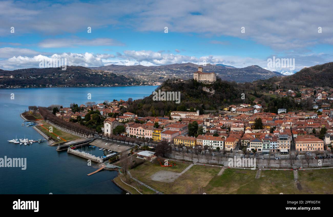 Angera, Italy - 14 March, 2023: view of Angera and the Borromeo Castle on the shores of Lake Maggiore Stock Photo