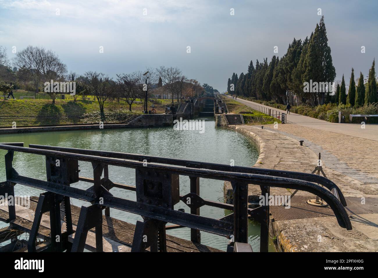 Beziers, France - 2 March, 2023: view of the landmark Fonseranes Locks on the Canal du Midi near Beziers Stock Photo