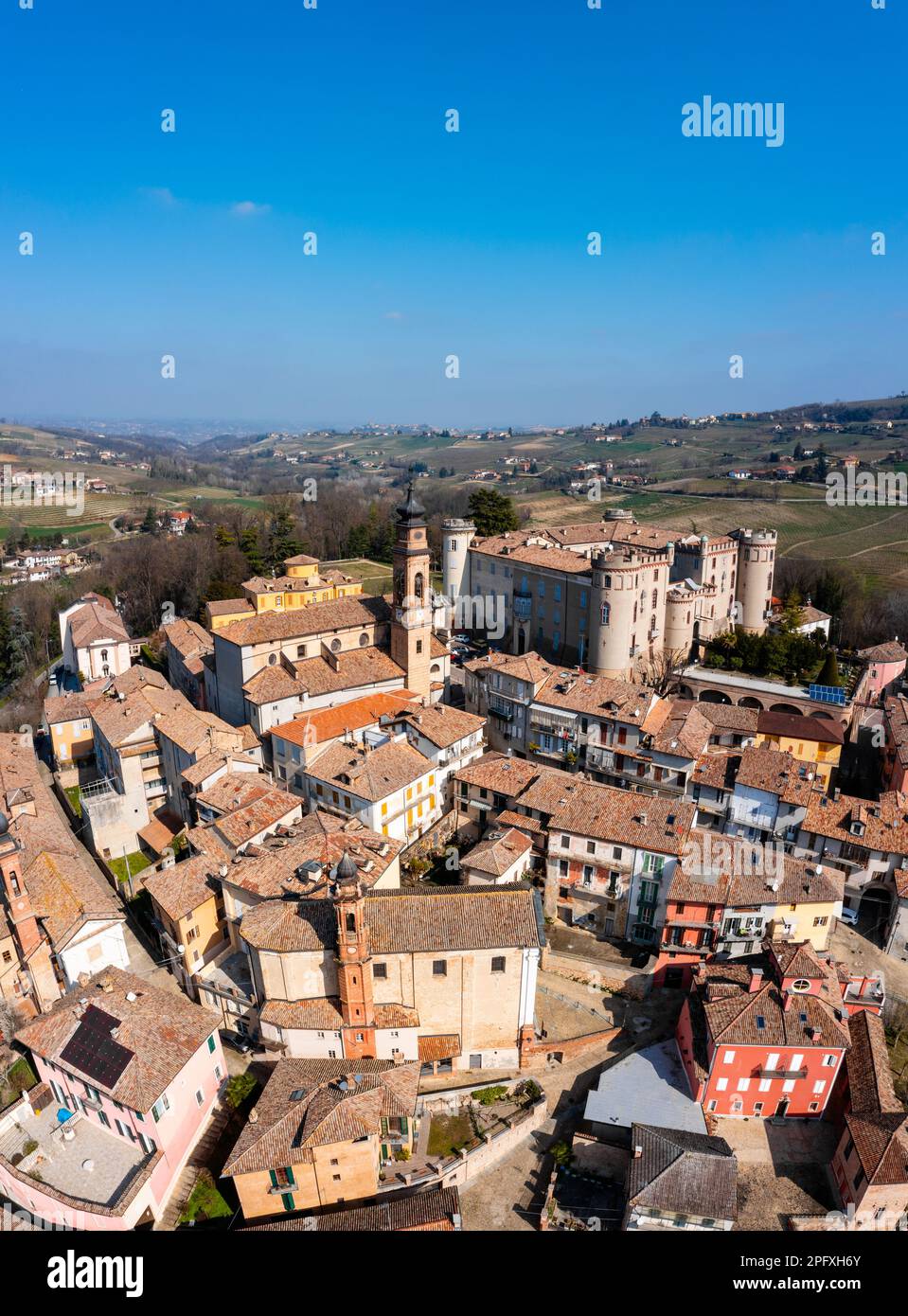Costiglione d'Asti, Italy - 12 March, 2023: vertical view of the picturesque village of Costigliole d'Asti in the Piedmont Stock Photo