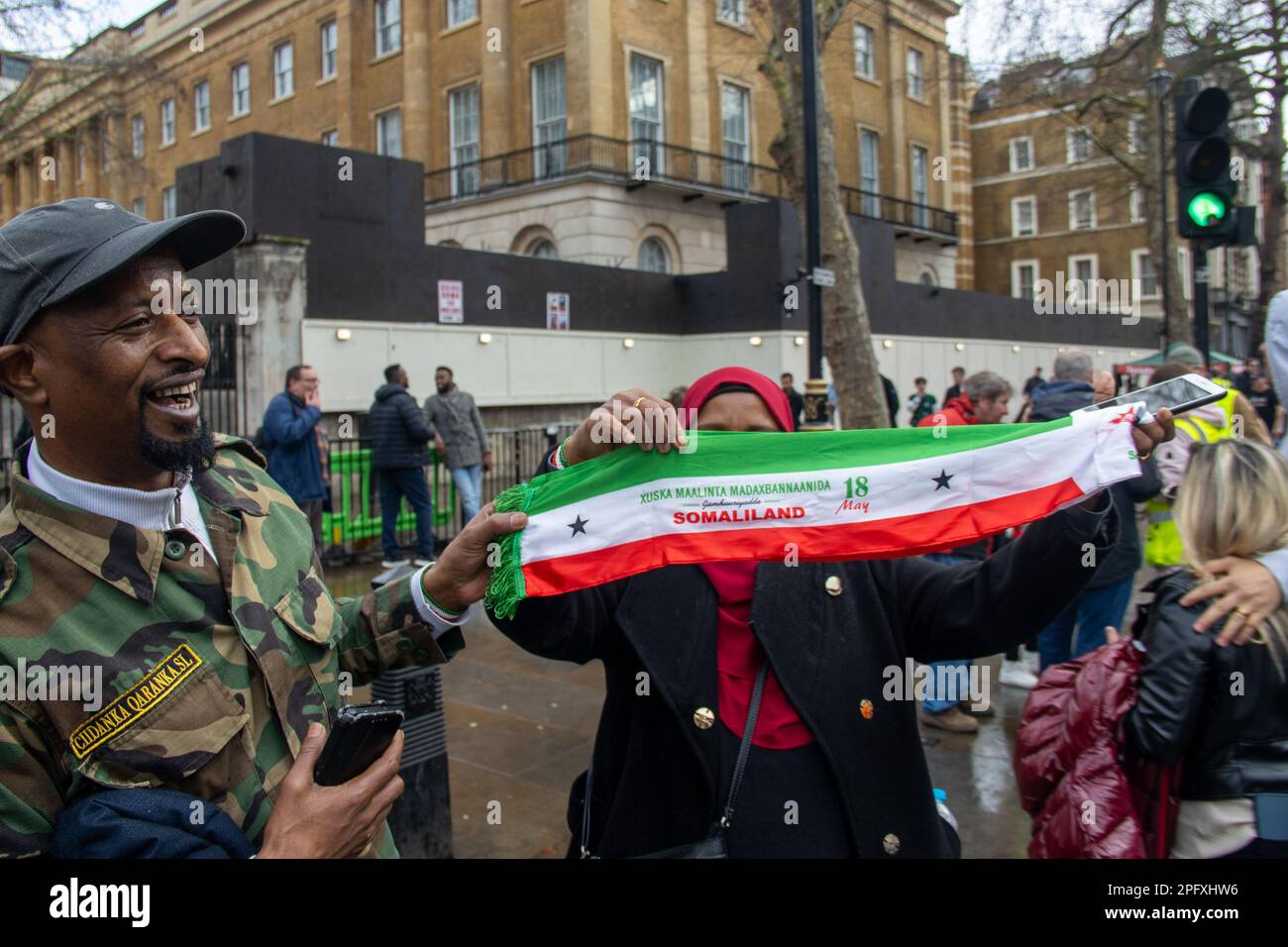 Pro-Somaliland independence demonstrators convened outside Downing Street. Stock Photo