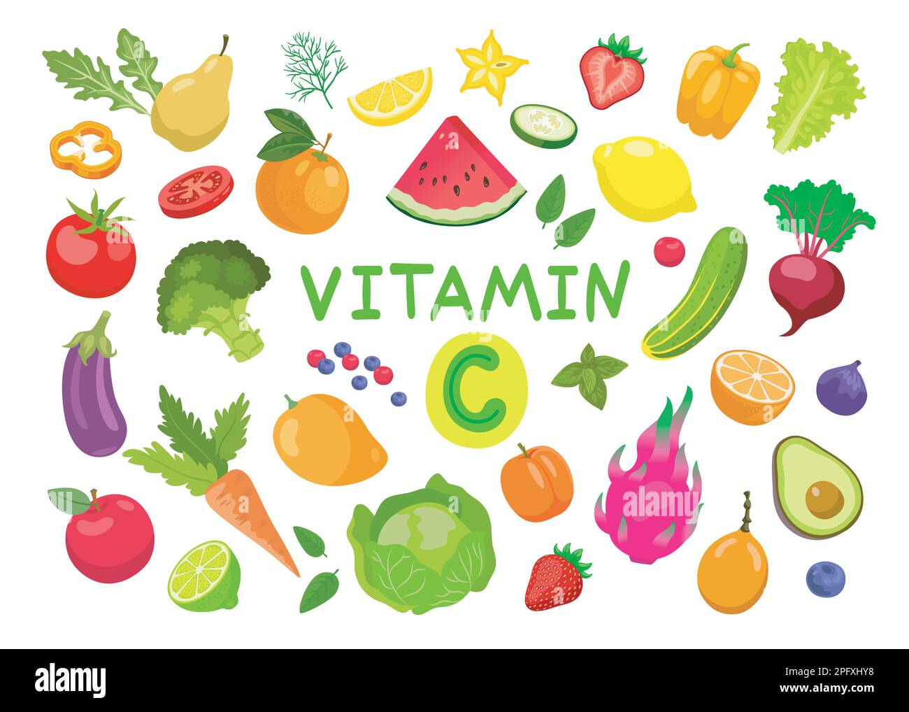 Fruit and vegetable with vitamin C vector illustrations set Stock ...