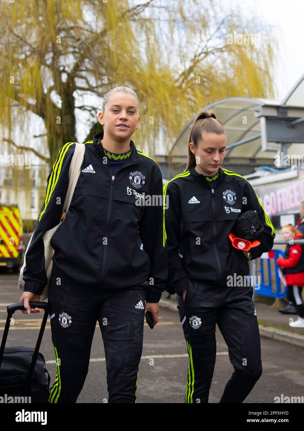 Lewes, UK. 19th Mar, 2023. Lewes, England, March 19th 2023: Ella Toone (7 Manchester United) and Alessia Russo (23 Manchester United) arrive before the Womens FA Cup football match between Lewes and Manchester United at the Dripping Pan in Lewes, England. (James Whitehead/SPP) Credit: SPP Sport Press Photo. /Alamy Live News Stock Photo