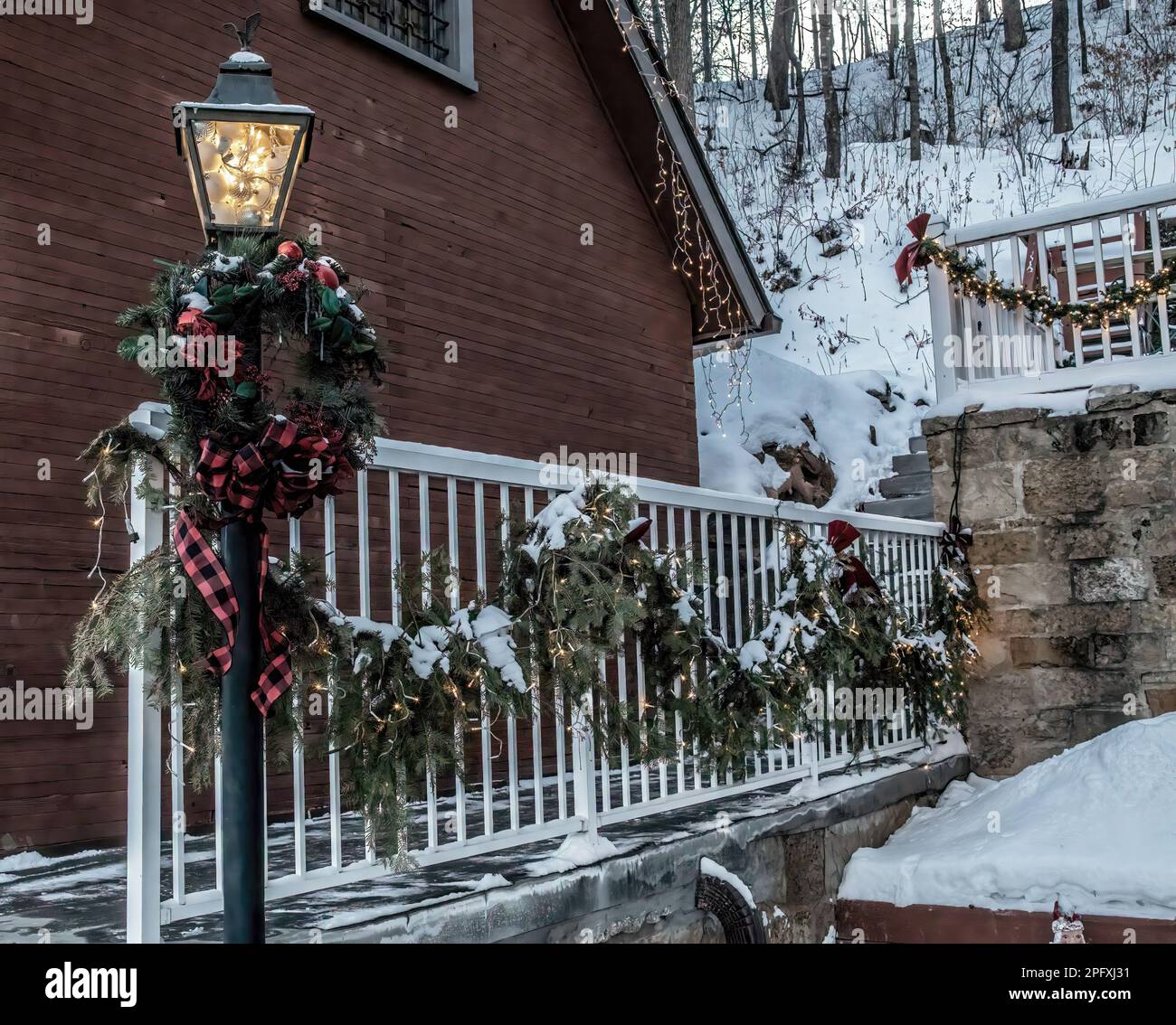 Festive holiday lights brightening up a winter evening at The Old Jail Bed and Breakfast in