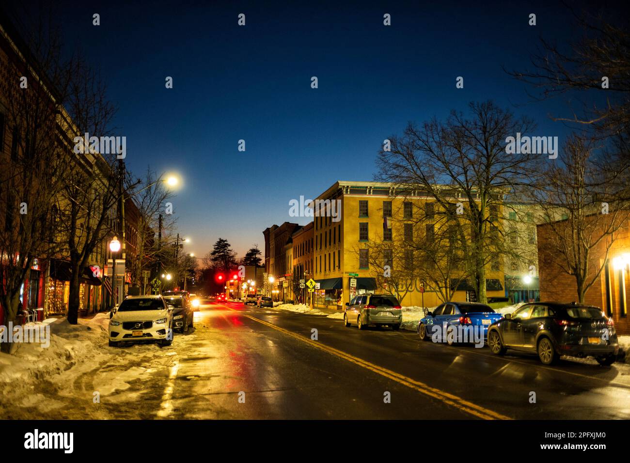 Owego, NY, USA - Feb 7, 2021: The town of Owego, seen here at night, is filled with local shops and restaurants.  In 2009 it was voted 'coolest small Stock Photo