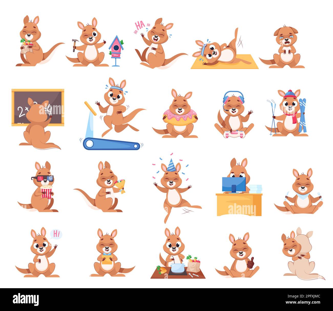 Cute kangaroo in different poses cartoon illustration set Stock Vector