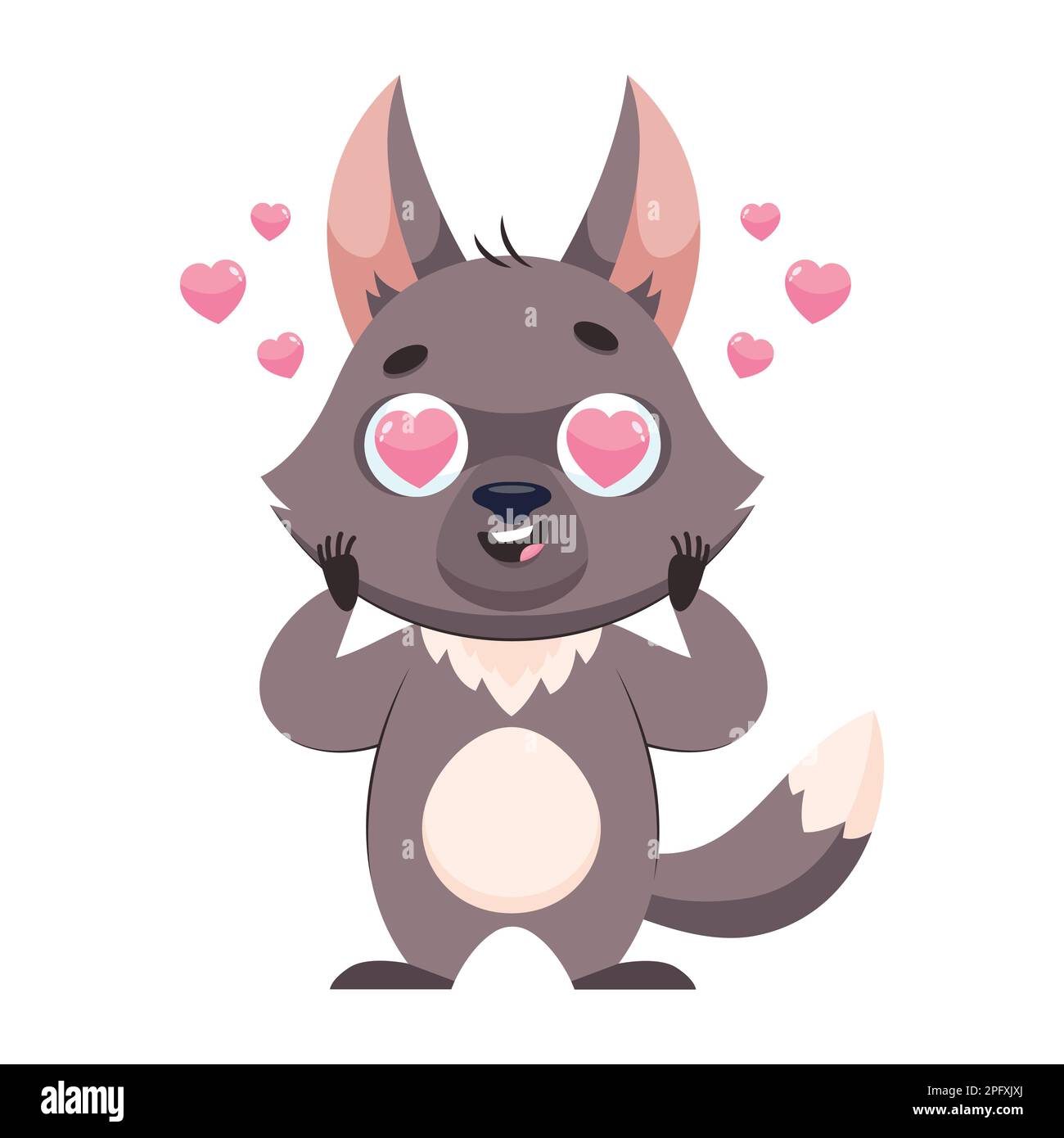 Cute wolf with hearts in eyes cartoon vector illustration Stock Vector