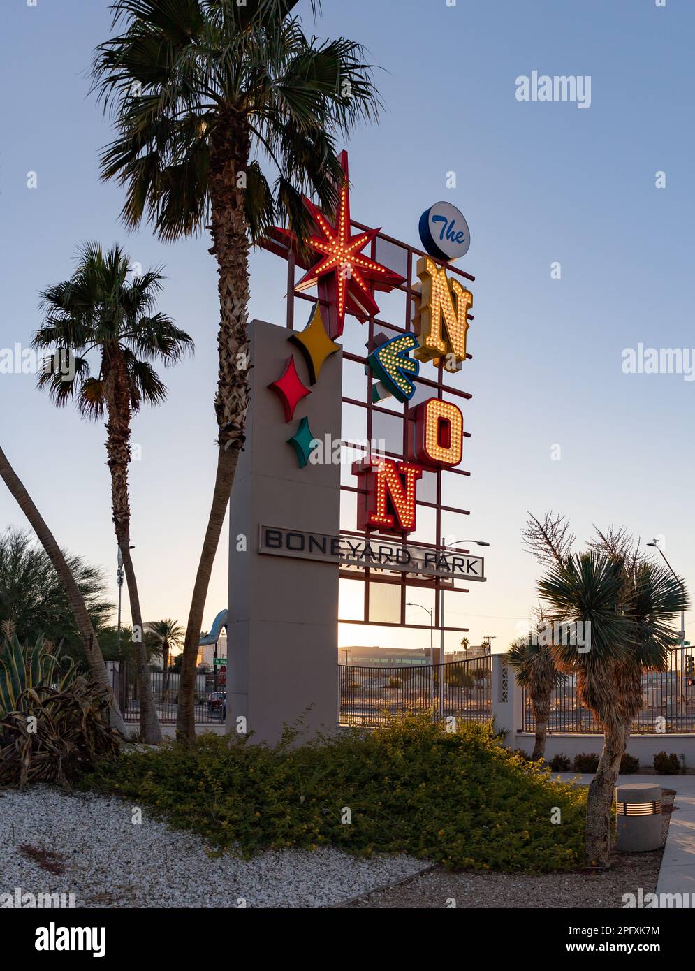 A picture of the colorful neon sign at the Boneyard Park Stock Photo