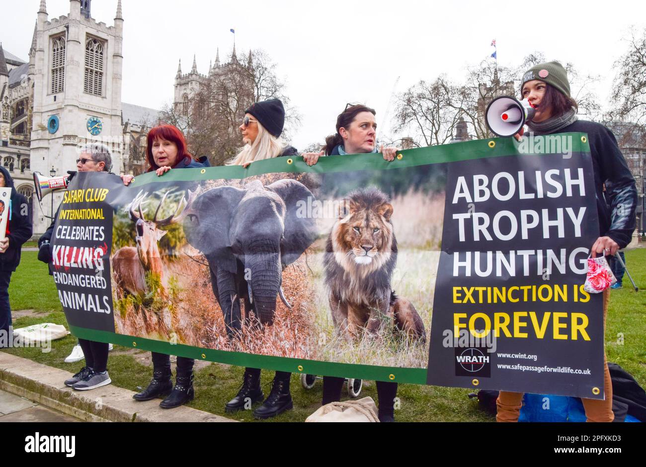 London, UK 19th January 2022. Activists gathered at Parliament Square calling for a ban on trophy hunting and trophy hunting imports. Stock Photo