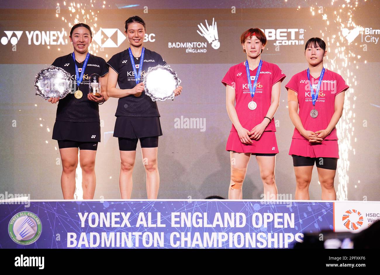 Korea's Kim So Yeong and Kong Hee Yong (far left) celebrate victory over Korea's Baek Ha Na (far right) and Lee So Hee during the Women's Doubles Final on day six of the YONEX All England Open Badminton Championships at the Utilita Arena Birmingham. Picture date: Sunday March 19, 2023. Stock Photo