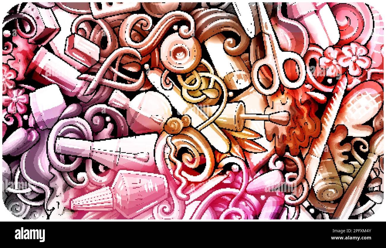 Cartoon watercolor doodles Nail Salon background Stock Vector Image