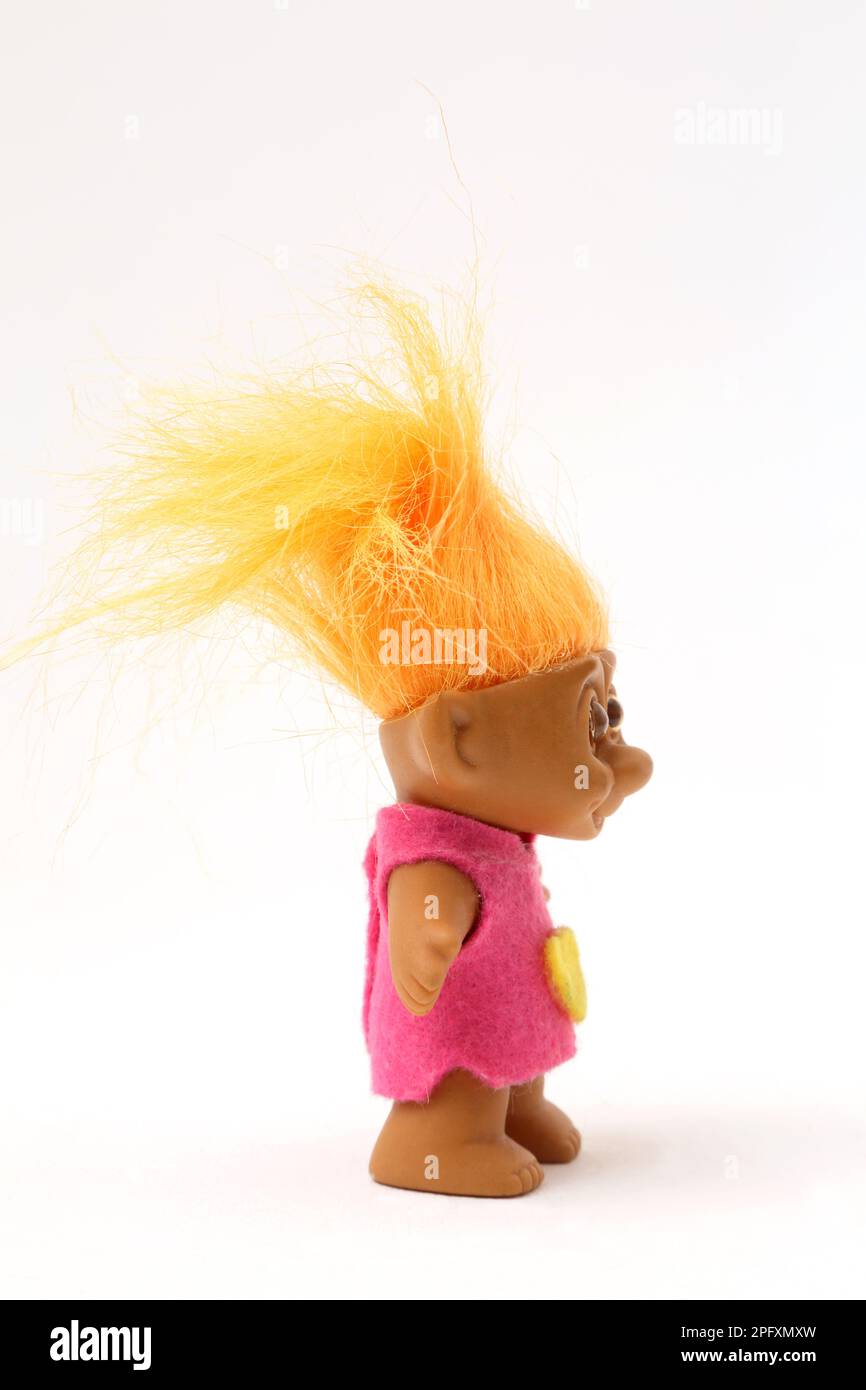 Vintage 80/90's Troll with Yellow Hair and Plastic Bead Eyes Side View Stock Photo