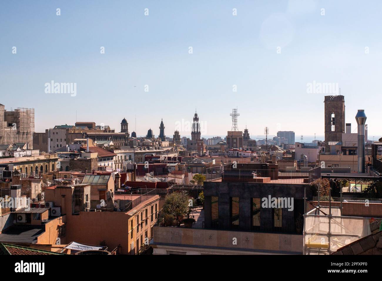 View of barcelona rooftops as seen  from the spire of the cathedral of Barcelona. Located in the Gothic quarter of the city. Stock Photo