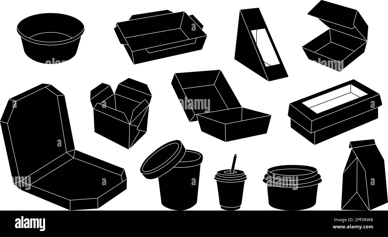 Takeaway cardboard boxes set. Cardboard boxes for takeaway food. Paper