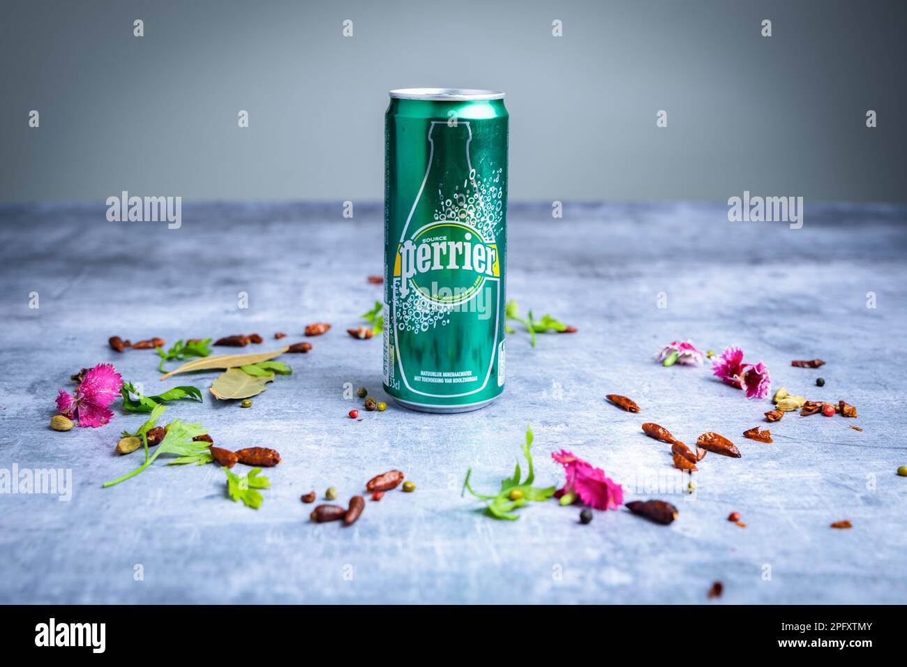 Bottle of Perrier water ready to be drunk Stock Photo