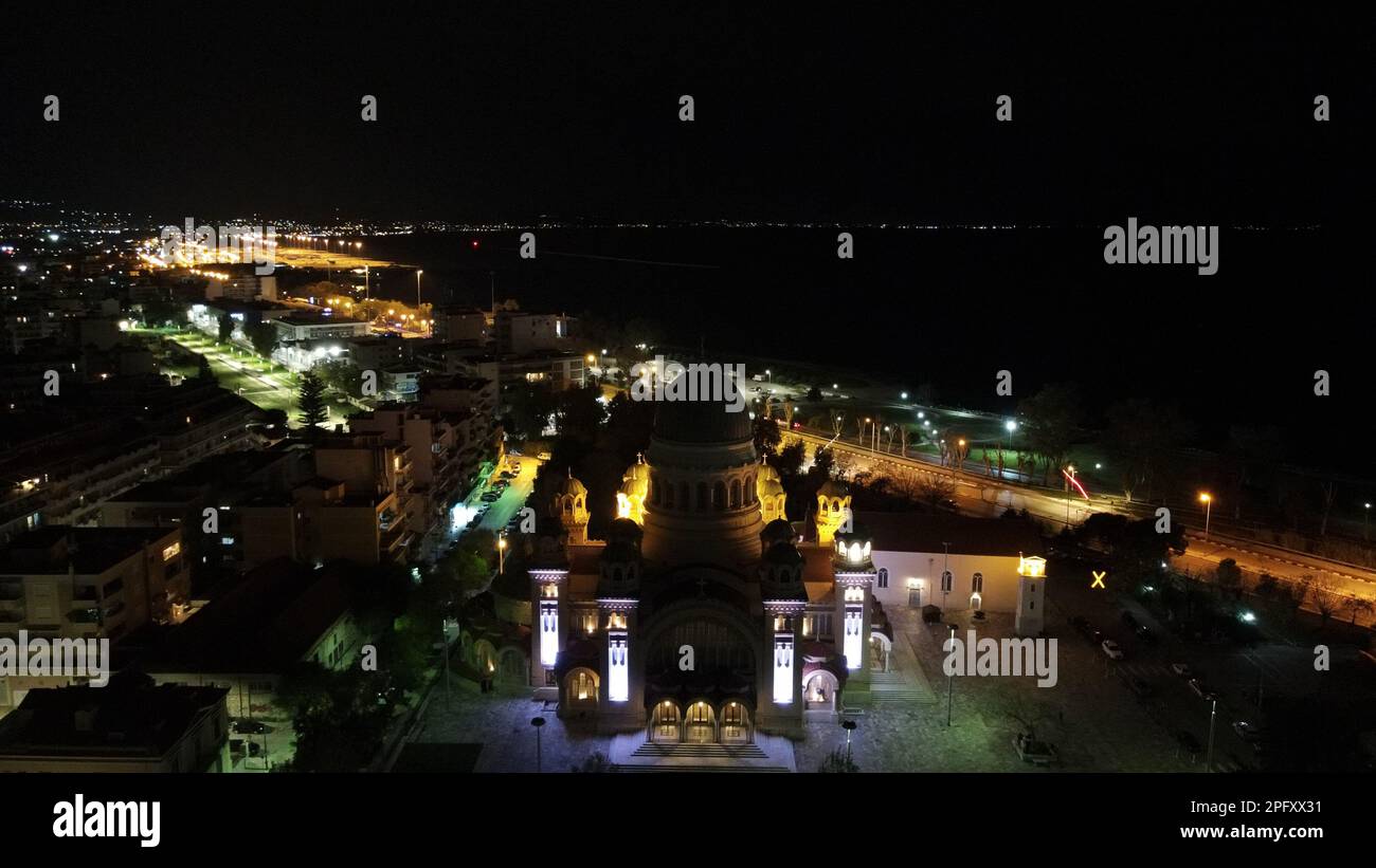 Saint Andrew Church Of Patra City In Greece At Midnight Aerial Night View Stock Photo