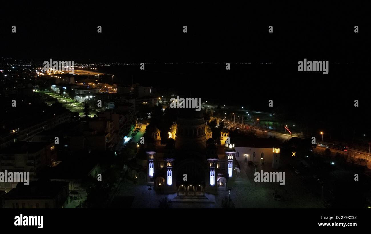 Saint Andrew Church Of Patra City In Greece At Midnight Aerial Night View Stock Photo