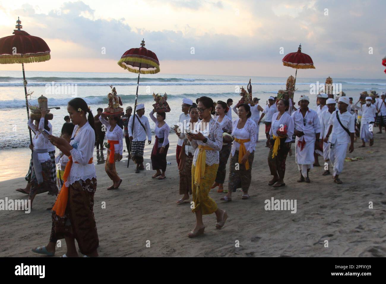 Melasti Ceremony at Kuta Beach Bali Stock Photo