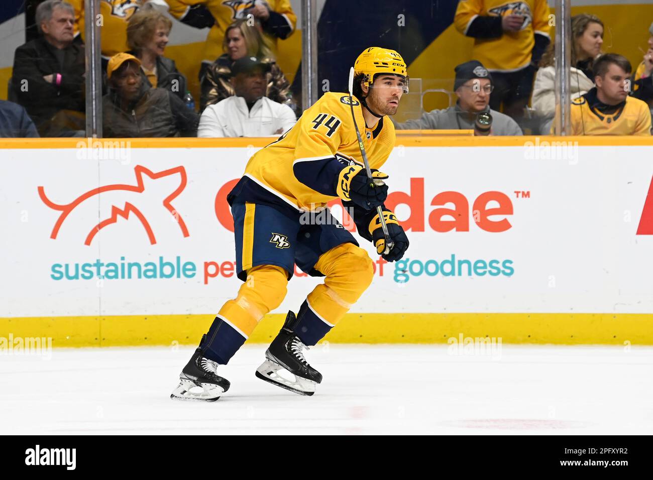 Nashville Predators left wing Kiefer Sherwood (44) plays against the  Winnipeg Jets during the first period of an NHL hockey game Saturday, March  18, 2023, in Nashville, Tenn. (AP Photo/Mark Zaleski Stock