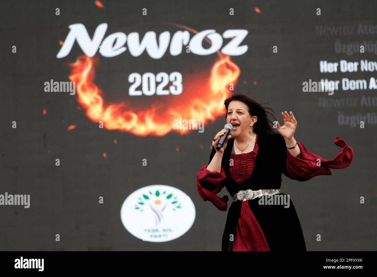 Pervin Buldan, co-leader of the pro-Kurdish Peoples' Democratic Party (HDP), addresses the crowd during a rally to celebrate Nowruz, which marks the arrival of spring, in Istanbul, Turkey March 19, 2023. REUTERS/Murad Sezer Stock Photo