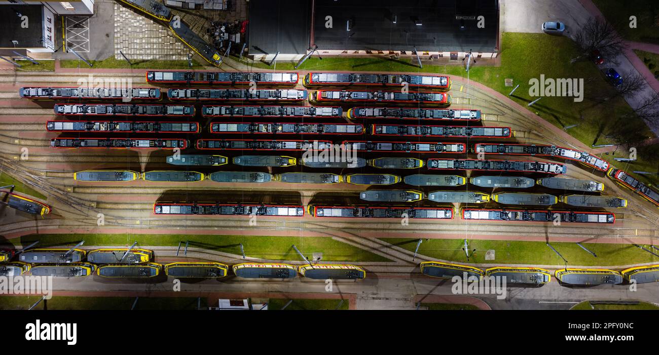 Night aerial view of tram depot Stock Photo Alamy