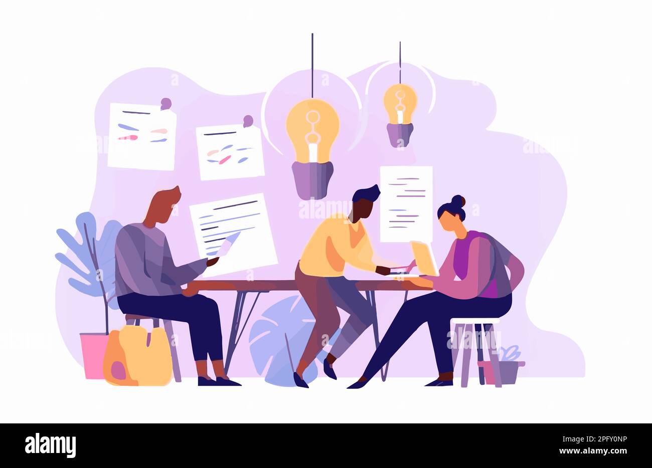 Diverse business team taking part in a brainstorming session, creative Idea generation vector illustration Stock Photo