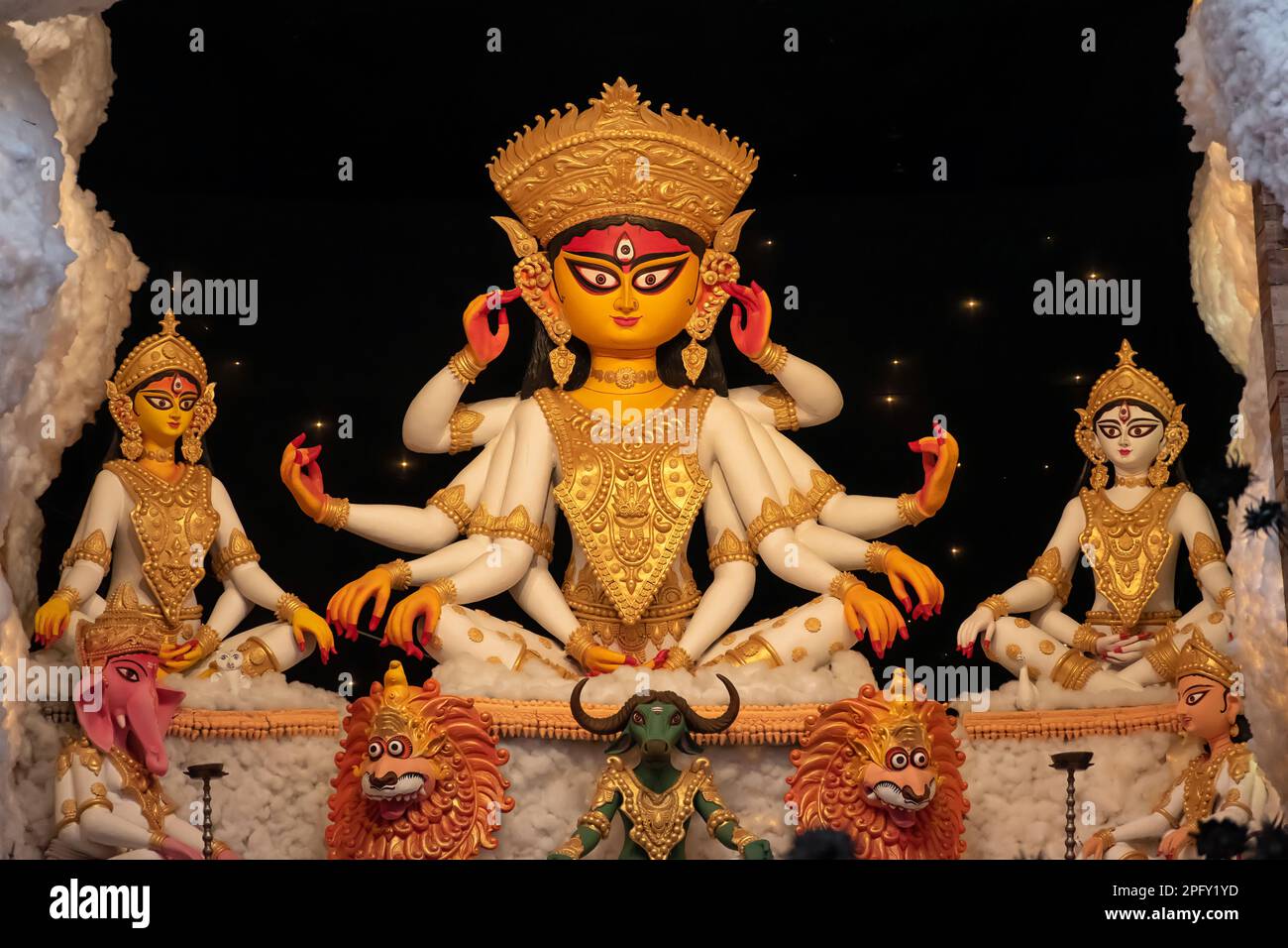 Goddess devi Durga idol decorated at a puja pandal in Kolkata, West