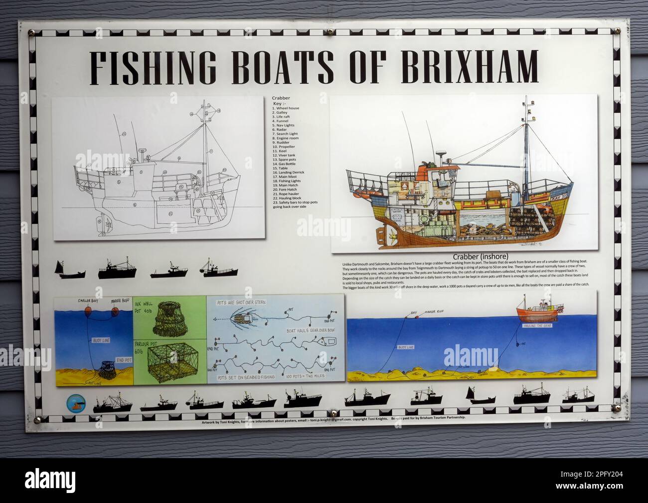 Tourist information boards about fishing vessels on the quayside at Brixham, Devon, England, UK Stock Photo