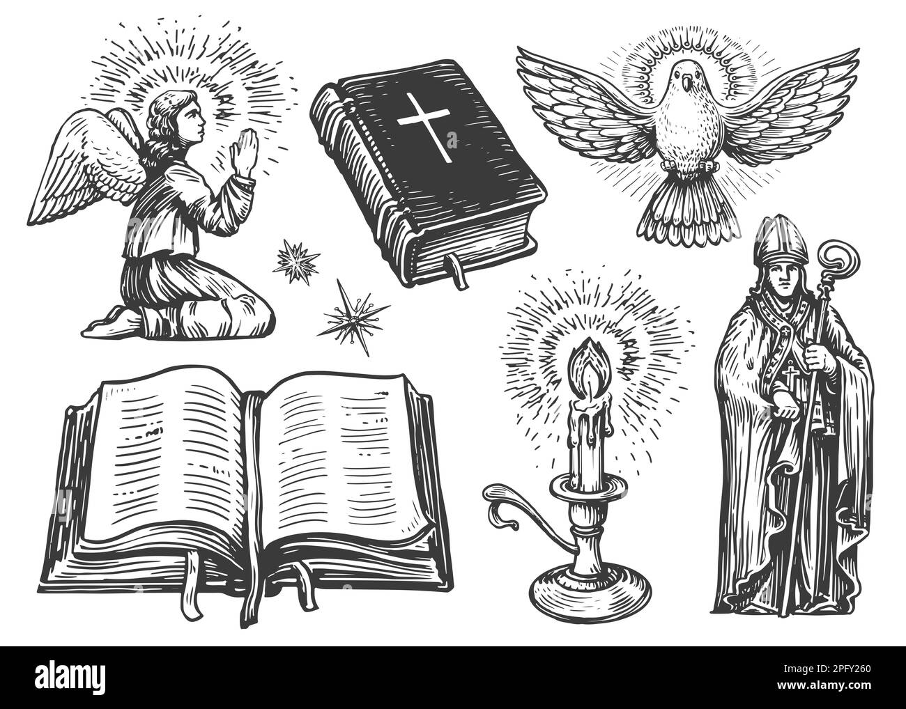 Praying angel with wings, Holy Bible book, Lit candle, Flying dove messenger, Bishop. Religion illustration set Stock Photo