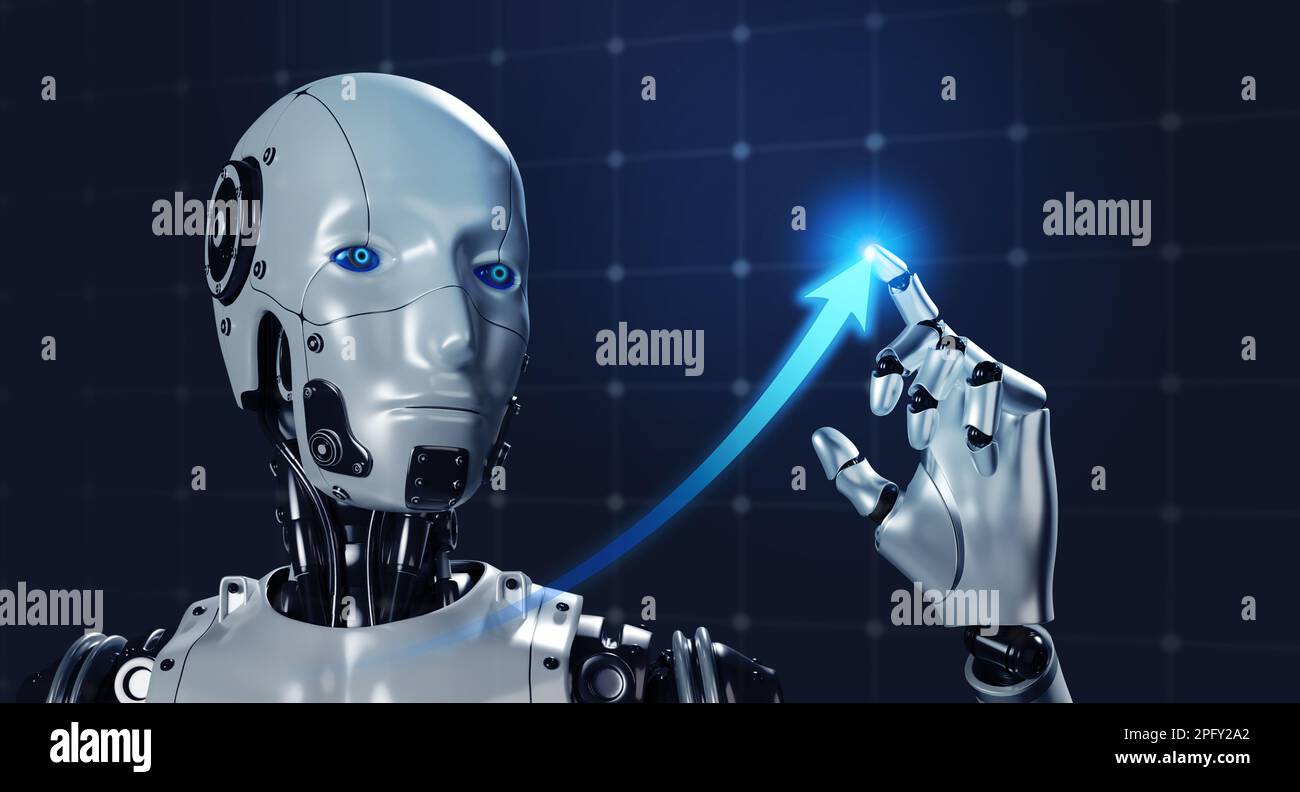 3d rendering smart robot draws rising arrow on growth graph, blue grid network background. Ai human cyborg pointing finger on screen . Business and te Stock Photo