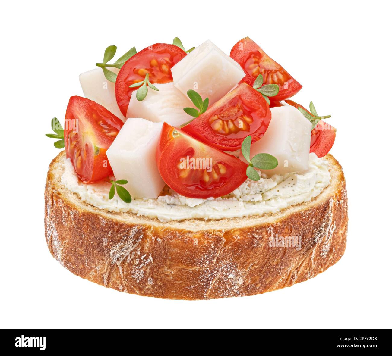 Bruschetta with tomatoes and mozzarella isolated on white background Stock Photo