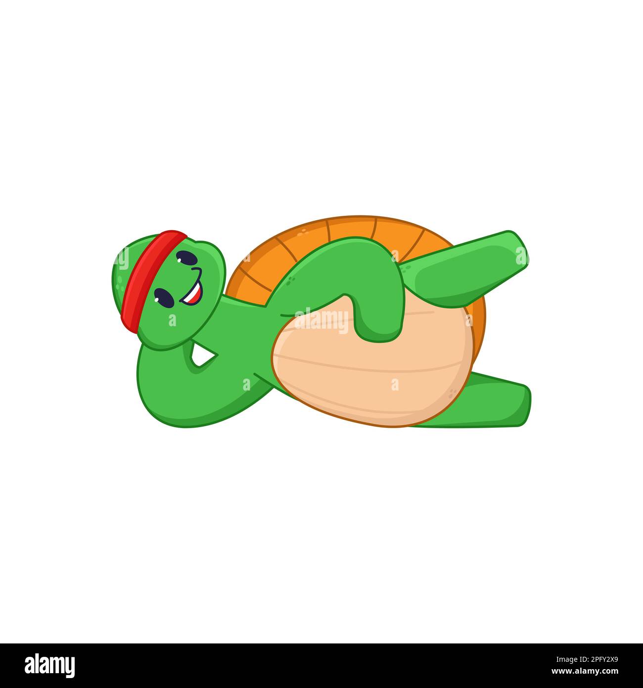 Turtle cartoon character doing exercises lying down sticker Stock Vector