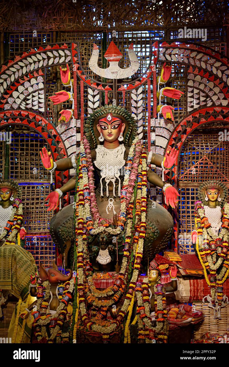 Goddess devi Durga idol decorated at a puja pandal in Kolkata, West