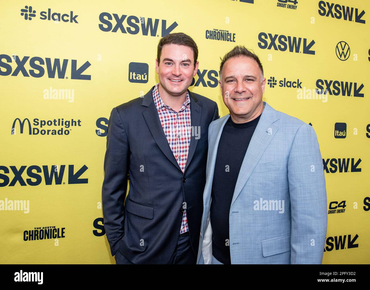 AUSTIN, TEXAS - MARCH 18: ason Berman (L) and Jon Weinbach attend the world premiere of 'Air' at the Paramount Theatre during the 2023 SXSW Conference And Festival on March 18, 2023 in Austin, Texas(Photo by Maggie Boyd/SipaUSA) Credit: Sipa USA/Alamy Live News Stock Photo