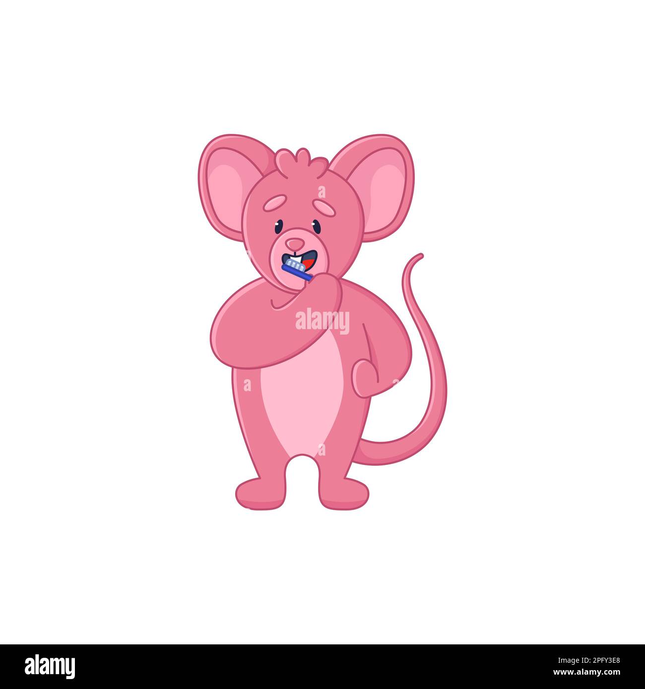 Cute pink mouse cartoon character brushing teeth sticker Stock Vector