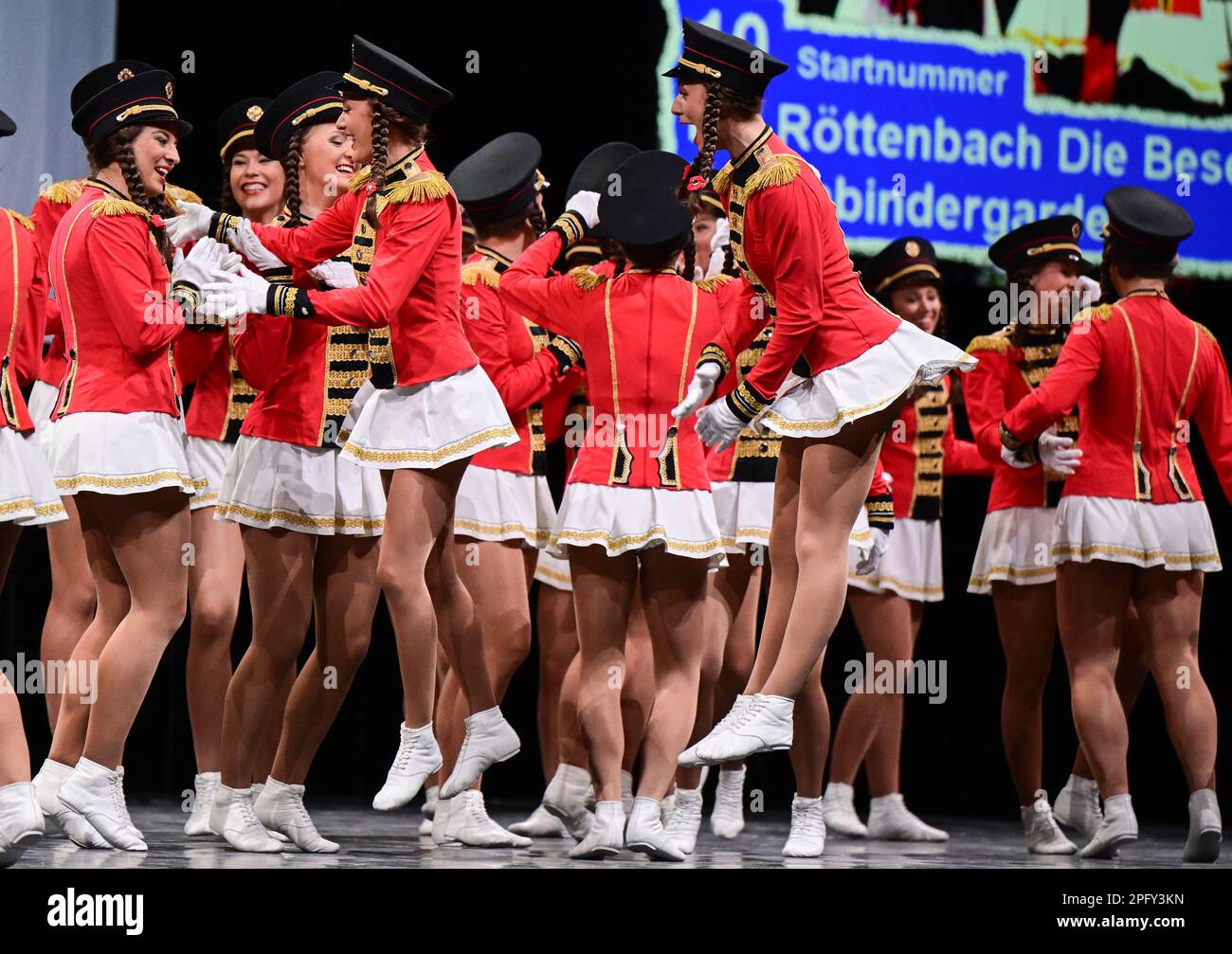 Stuttgart, Germany. 19th Mar, 2023. The ladies of the Carnival Club  Röttenbach Die Besenbinder Garde are happy about their victory at the  German Championships in Carnival Dance Sport in the  Hanns-Martin-Schleyer-Halle in