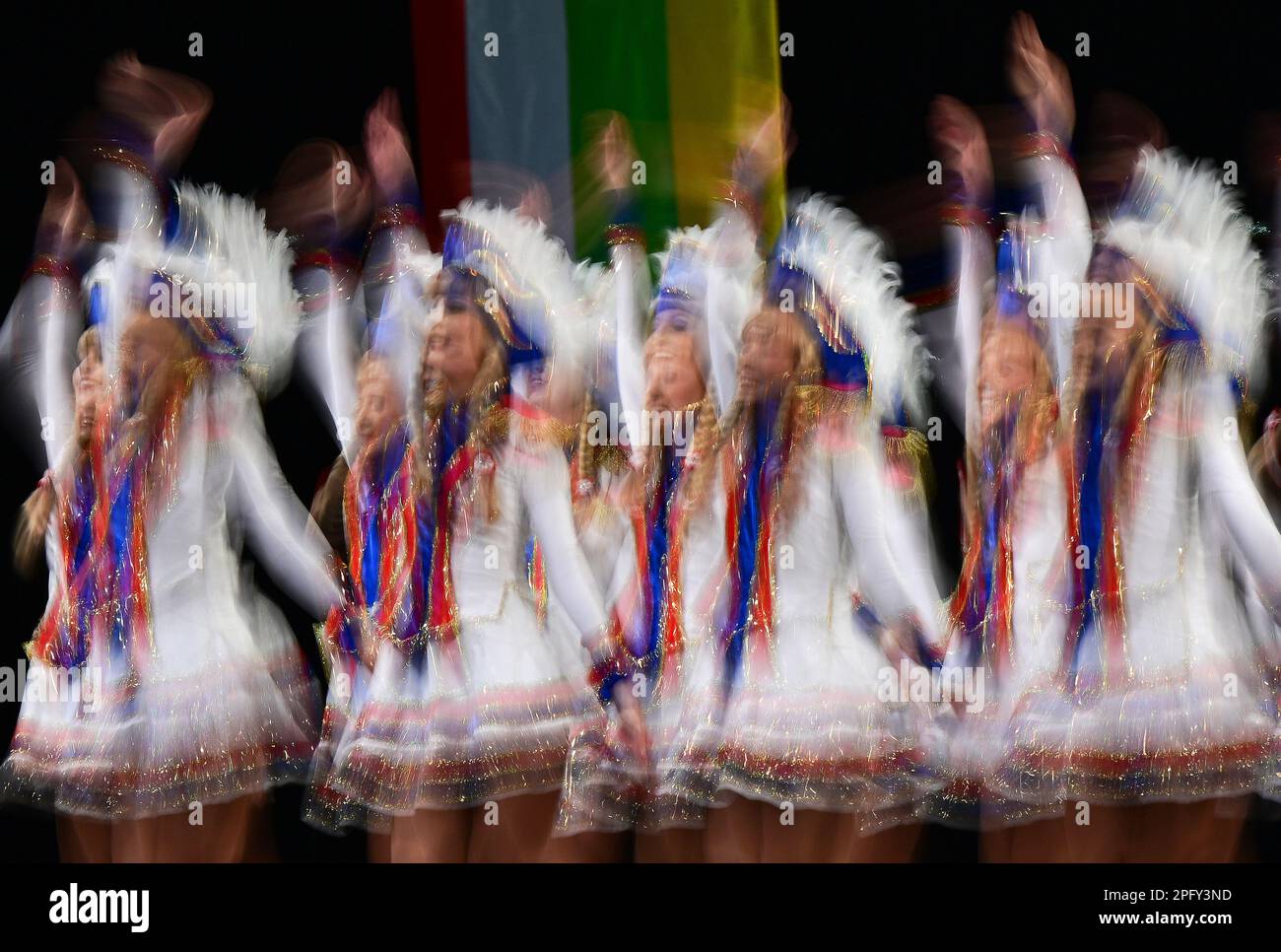 Stuttgart, Germany. 19th Mar, 2023. The ladies of the Elferrat  Sängervereinigung Knielingen Victoriagarde dance at the German Carnival  Dance Championships in the Hanns-Martin-Schleyer-Halle in the category  Female Guards Ü15. (Wipe effect by