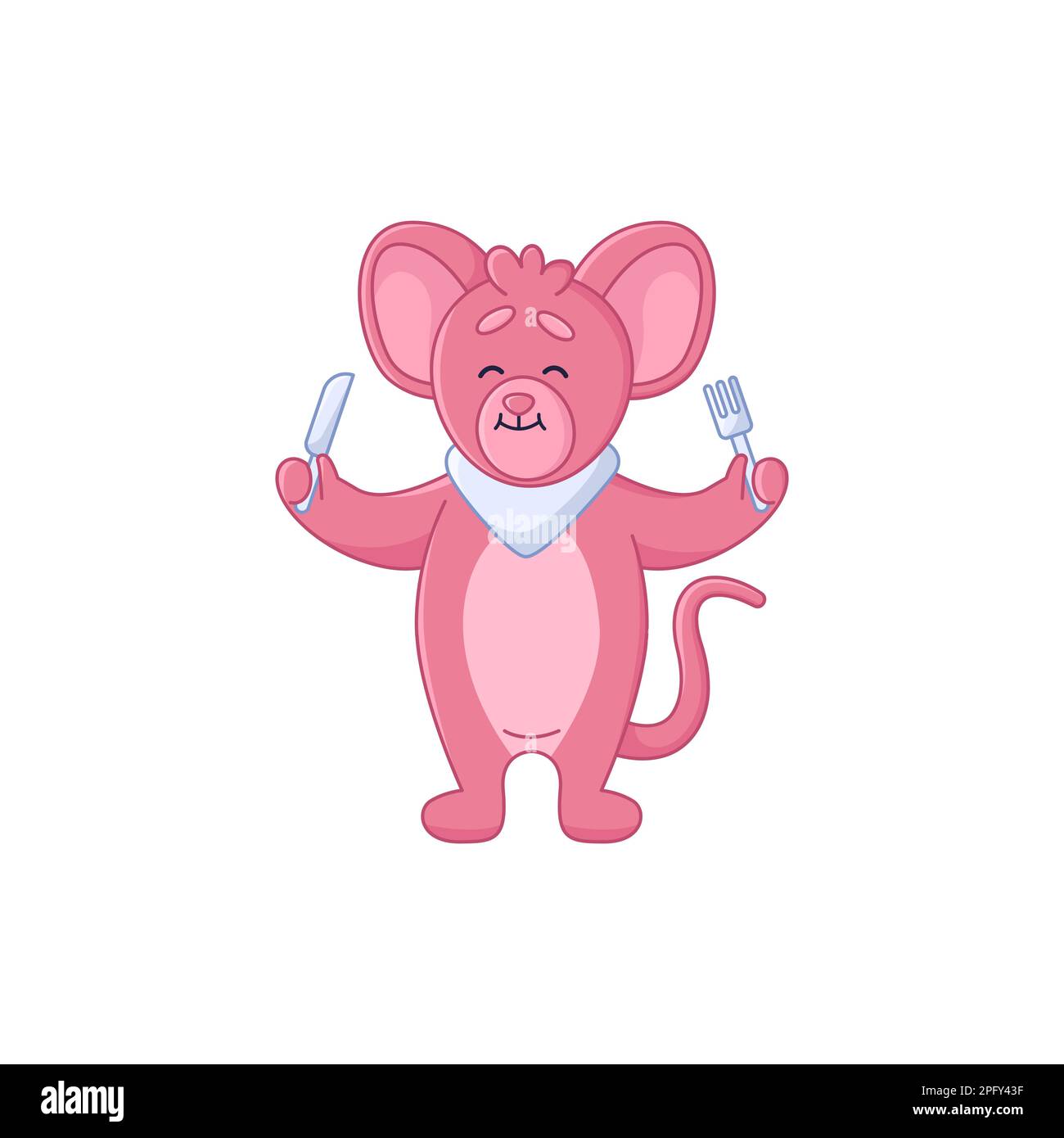 Cute pink mouse cartoon character holding knife and fork sticker Stock Vector
