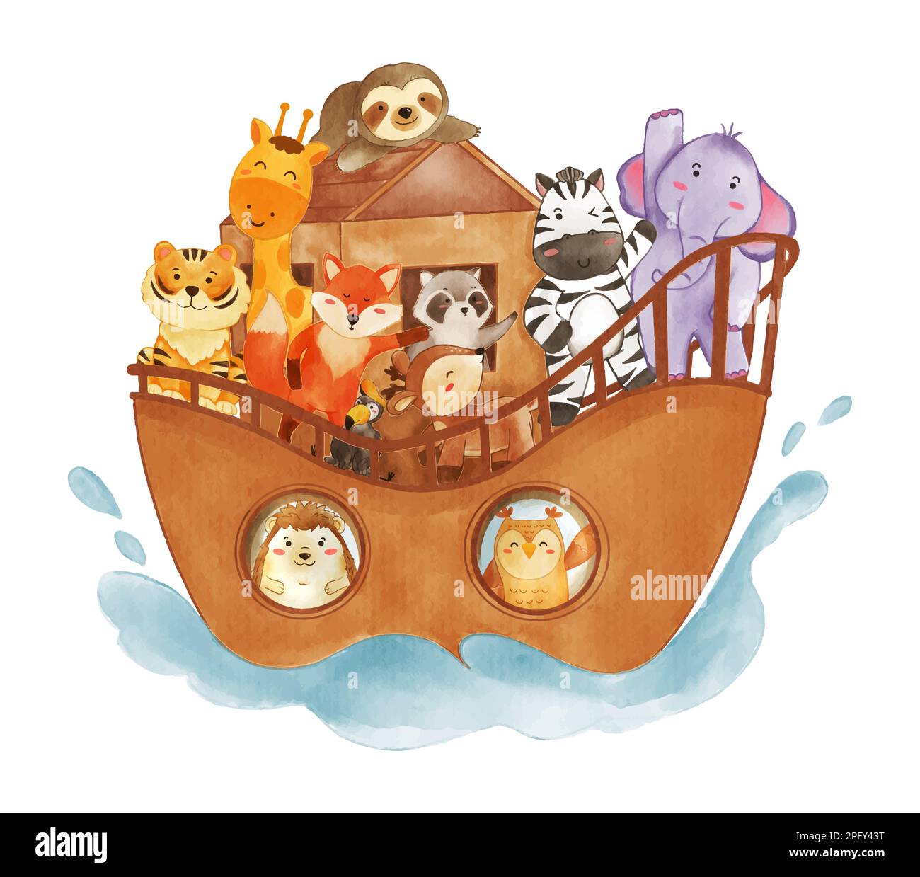 Noah 's ark with many wildlife animals . The flood concept . Realistic watercolor paint with paper textured . Cartoon character design . Vector . Stock Vector