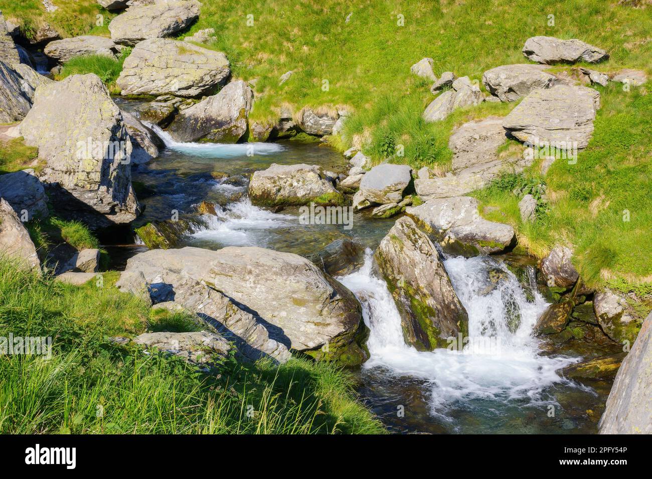 mountain river among the rocks on the hill. view from above Stock Photo