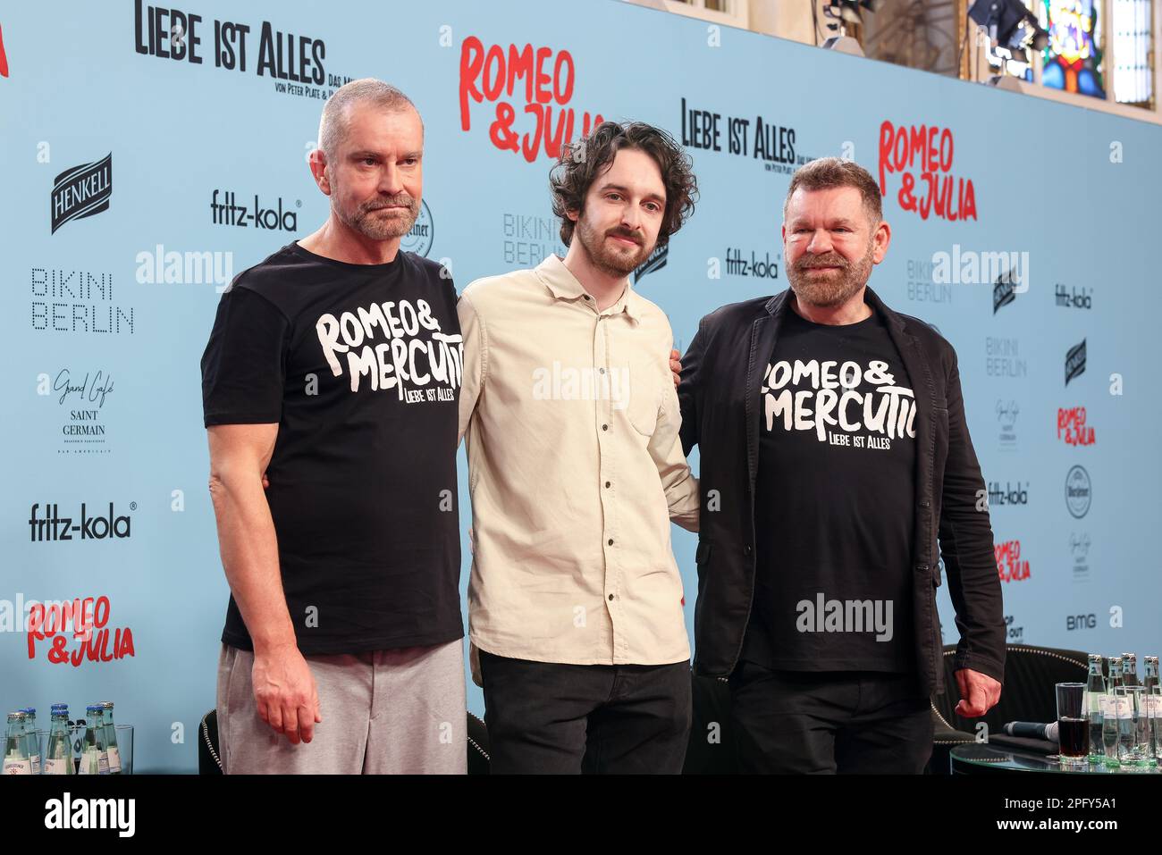 Berlin, Germany. 19th Mar, 2023. Ulf Leo Sommer (l-r), Joshua Lange and  Peter Plate at the press conference of the Peter Plate musical "Romeo &  Juliet" at the Stage Theater des Westens.