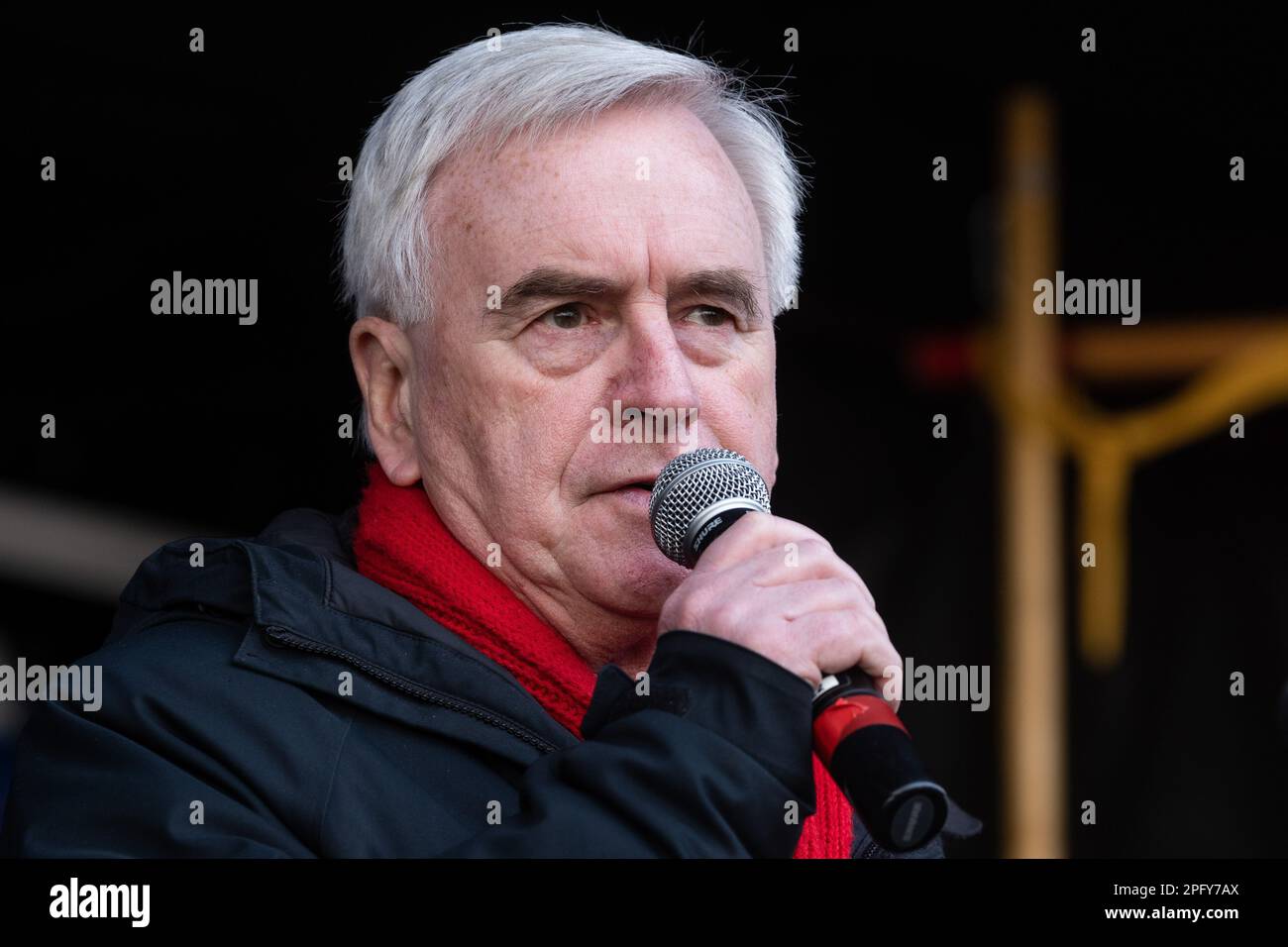 London, UK. 18th March, 2023. John McDonnell, Labour MP for Hayes and Harlington, addresses anti-racist campaigners at a rally outside Downing Street during a Resist Racism demonstration organised by Stand Up To Racism and the Trades Union Congress (TUC) as part of a global day of action against racism. Speakers expressed their anger at and opposition to the government’s controversial Illegal Migration Bill. Credit: Mark Kerrison/Alamy Live News Stock Photo