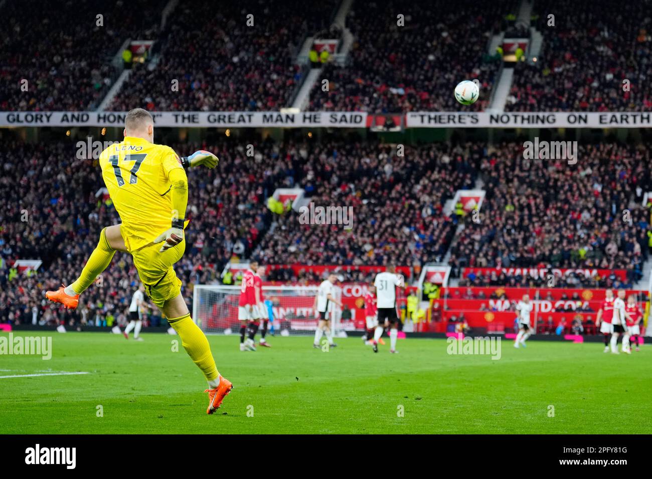 Fulham's goalkeeper Bernd Leno kicks the ball during the English FA Cup  quarterfinal soccer match between Manchester United and Fulham at the Old  Trafford stadium in Manchester, England, Sunday, March 19, 2023. (