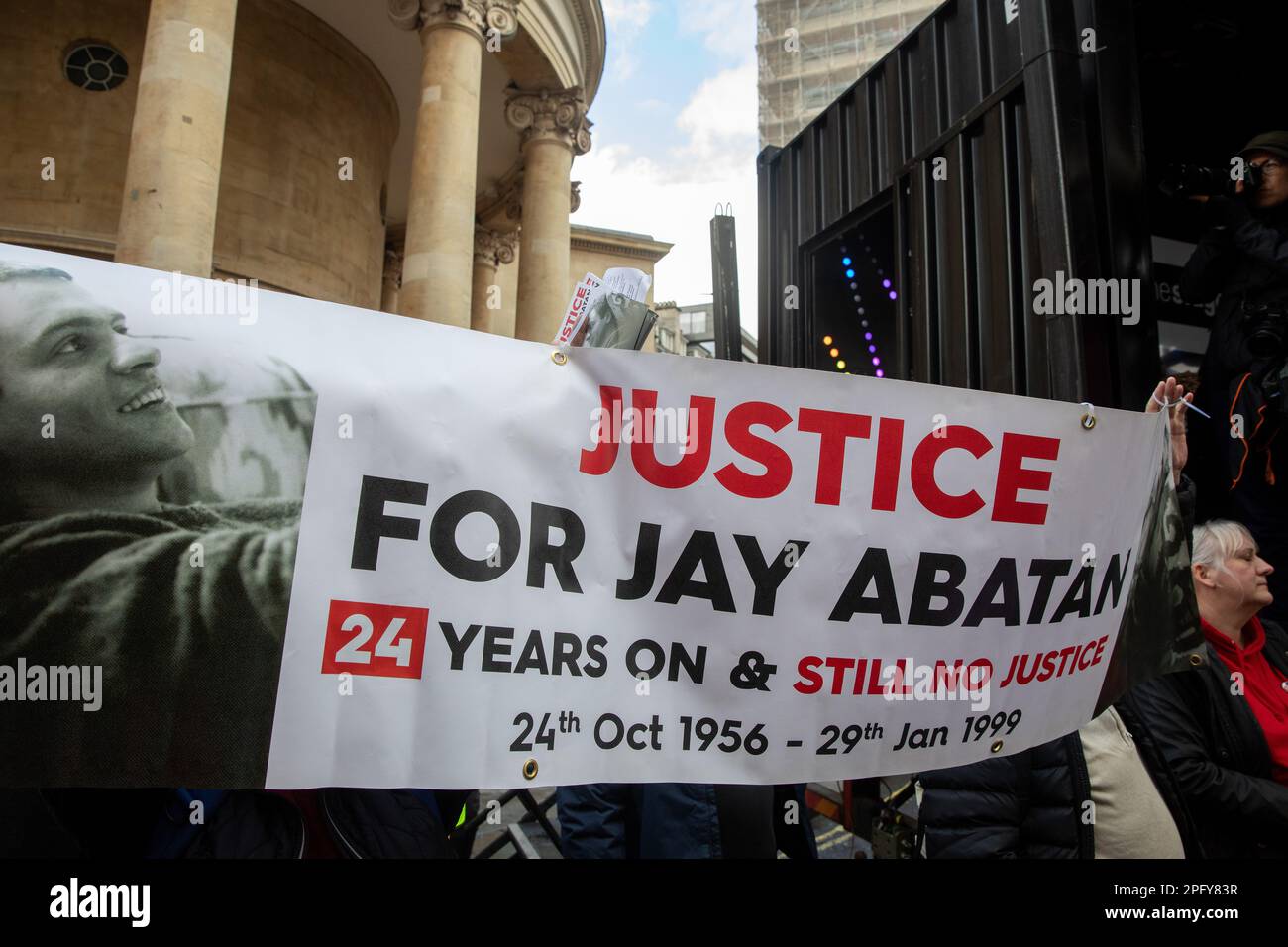 Campaigners from the Justice for Jay Abatan campaign take part in a Resist Racism demonstration organised by Stand Up To Racism and the Trades Union Congress (TUC) as part of a global day of action against racism on 18 March 2023 in London, United Kingdom. Speakers expressed their anger at and opposition to the government’s controversial Illegal Migration Bill. (photo by Mark Kerrison/In Pictures via Getty Images) Stock Photo