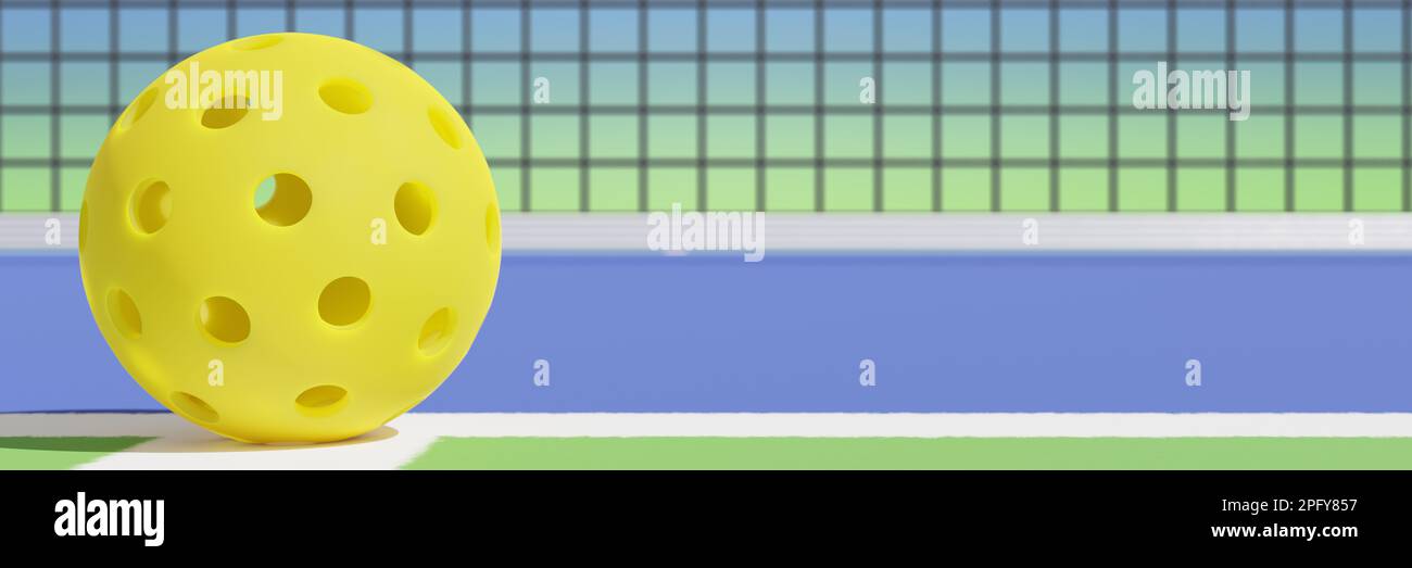 Yellow pickleball wiffle on the line of the court. Close up 3D rendering Stock Photo