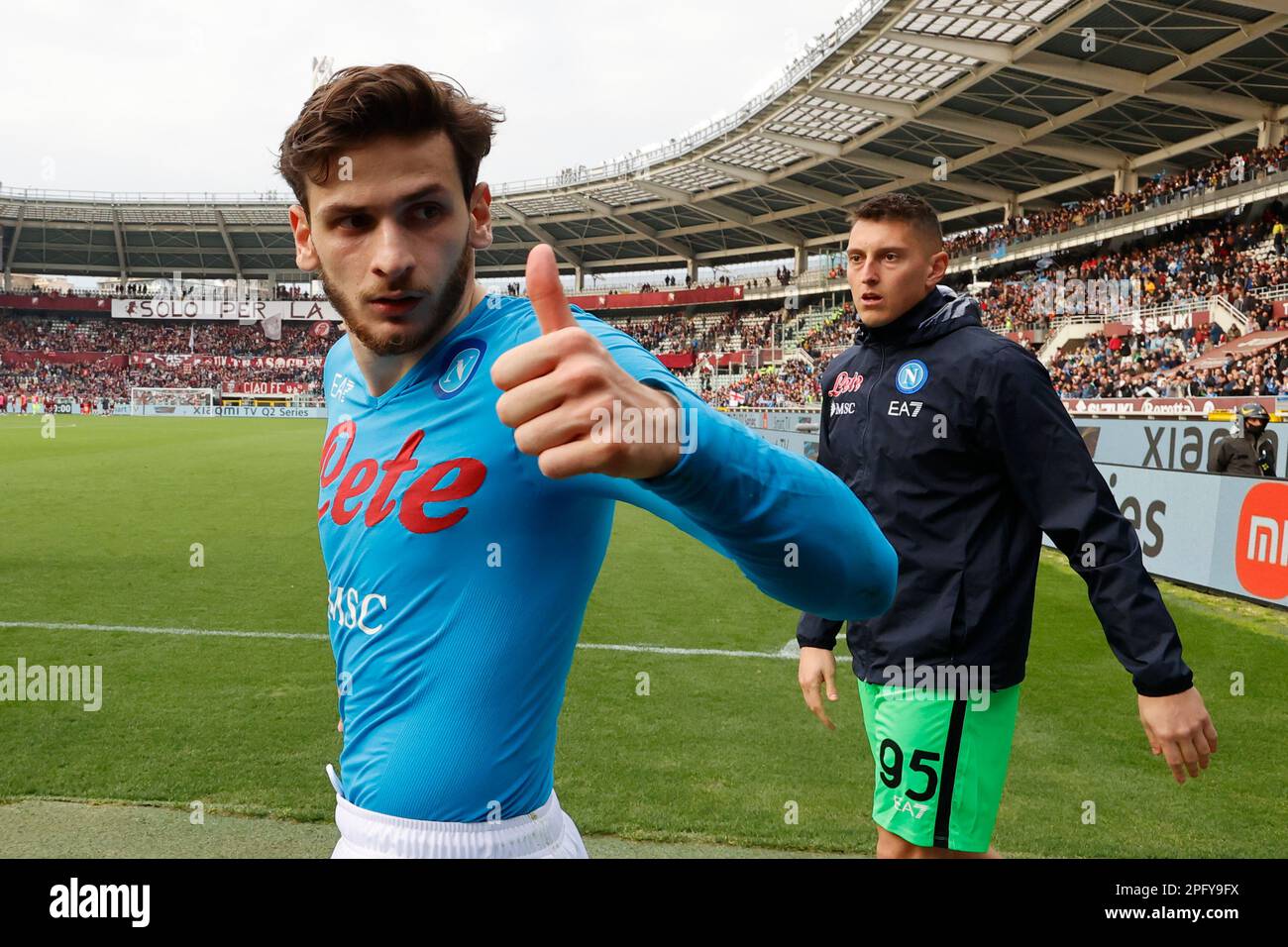 Turin, Italy. 19th March 2023, Stadio Olimpico Grande Torino, Turin, Italy; Serie A Football ; Torino versus Napoli;   Khvicha Kvaratskhelia of Napoli   celebrates the 0-4 win at the end of match Credit: Action Plus Sports Images/Alamy Live News Stock Photo